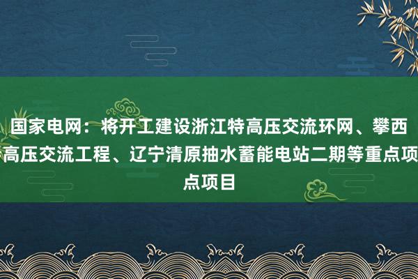 国家电网：将开工建设浙江特高压交流环网、攀西特高压交流工程、辽宁清原抽水蓄能电站二期等重点项目
